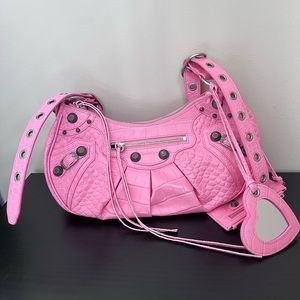 BALENCIAGA LE CAGOLE SMALL SHOULDER BAG CROCODILE EMBOSSED IN PINK